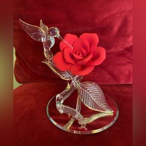 Glass Baron Crystal Hummingbird with Red Rose Decorative Sculpture